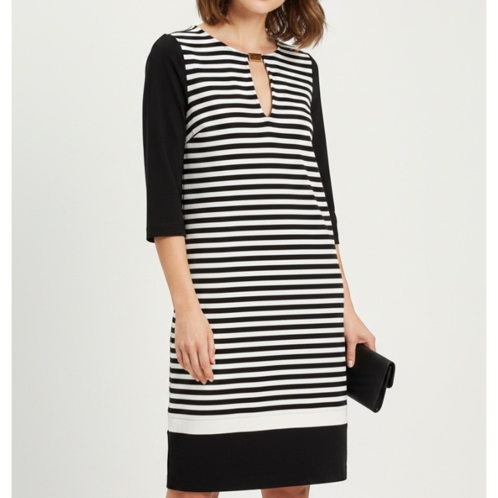 ZARA Lightweight Knit STRIPED KEYHOLE Shift T-Shirt Dress Black/Ivory Sz S